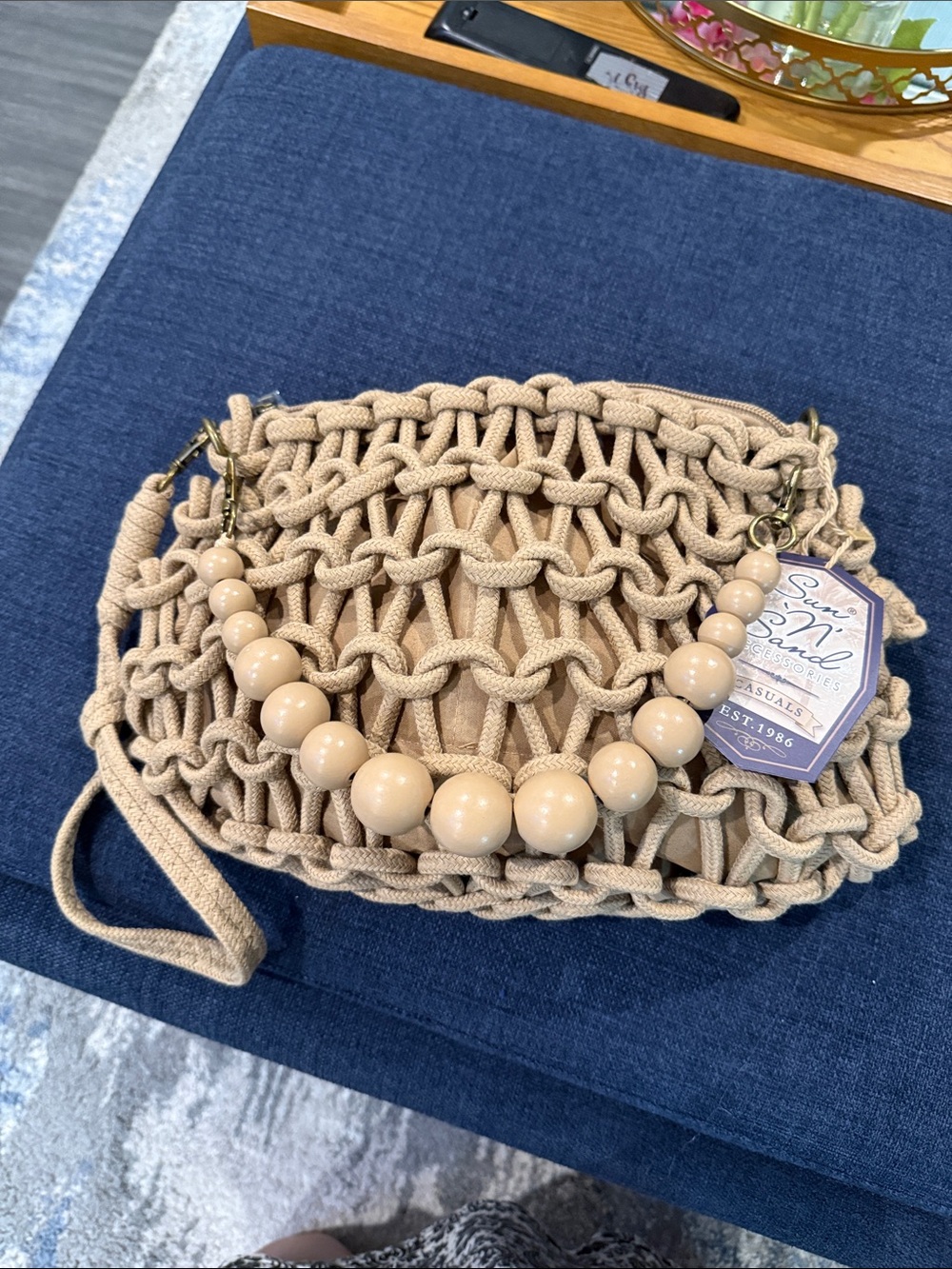 Sun & Sand Beige Macramé Crossbody Bag with Bead Accent - Picture 2 of 3